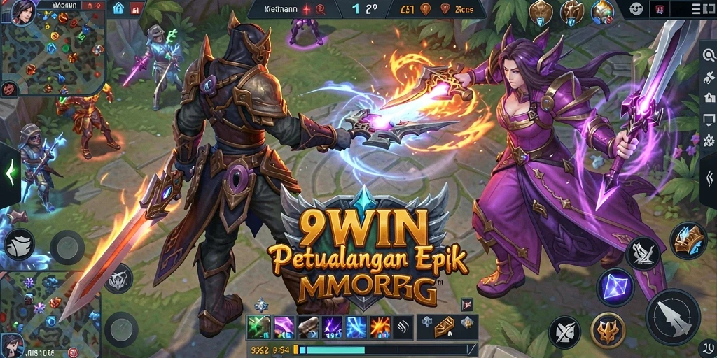 Tangkapan layar gameplay 9WIN yang menampilkan pertarungan seru dalam dunia MMORPG.