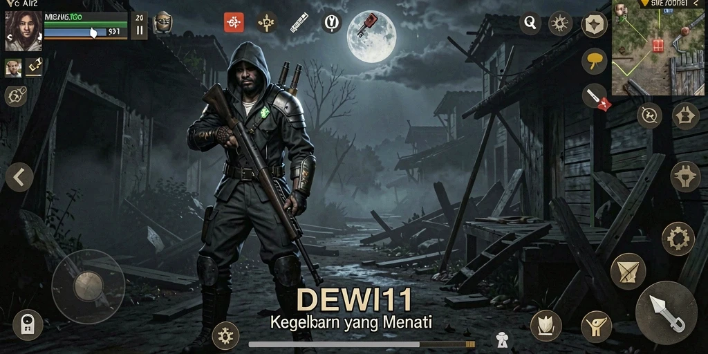 Tampilan gameplay menyeramkan DEWI11 dalam suasana gelap dan mencekam.