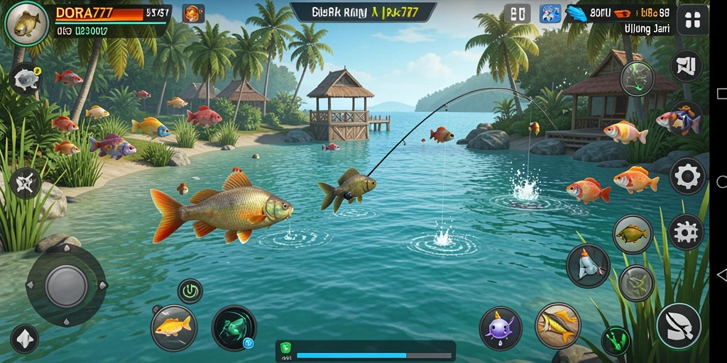 Screenshot gameplay DORA77 menunjukkan pengalaman memancing yang mengasyikkan.