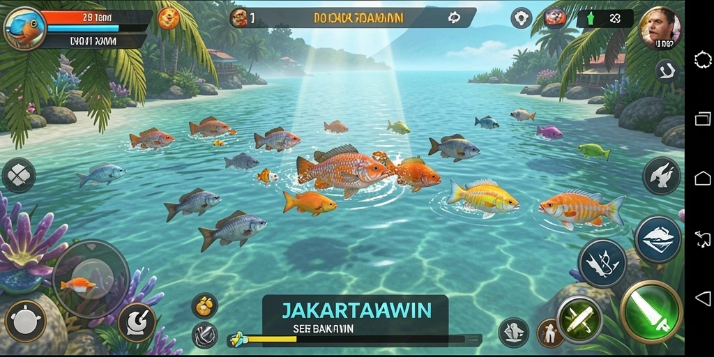Tangkapan layar gameplay seru JAKARTAWIN yang menampilkan aksi tembak ikan.