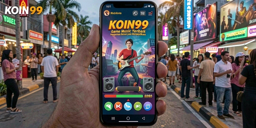 Screenshot KOIN99 menampilkan gameplay interaktif dengan musik yang beragam.