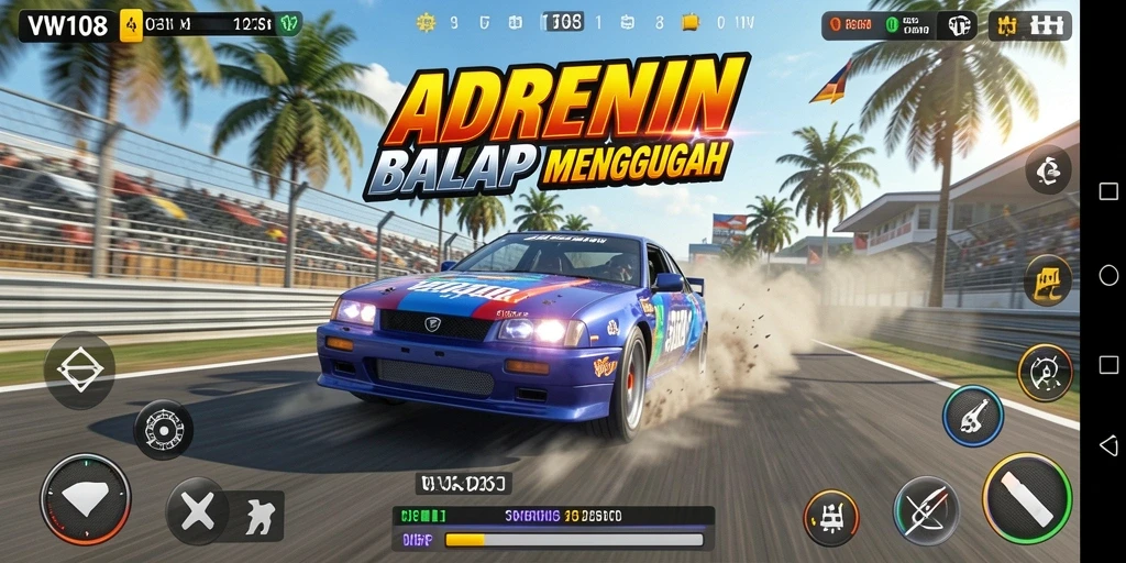 Screenshot menampilkan aksi balap mendebarkan dalam VW108.